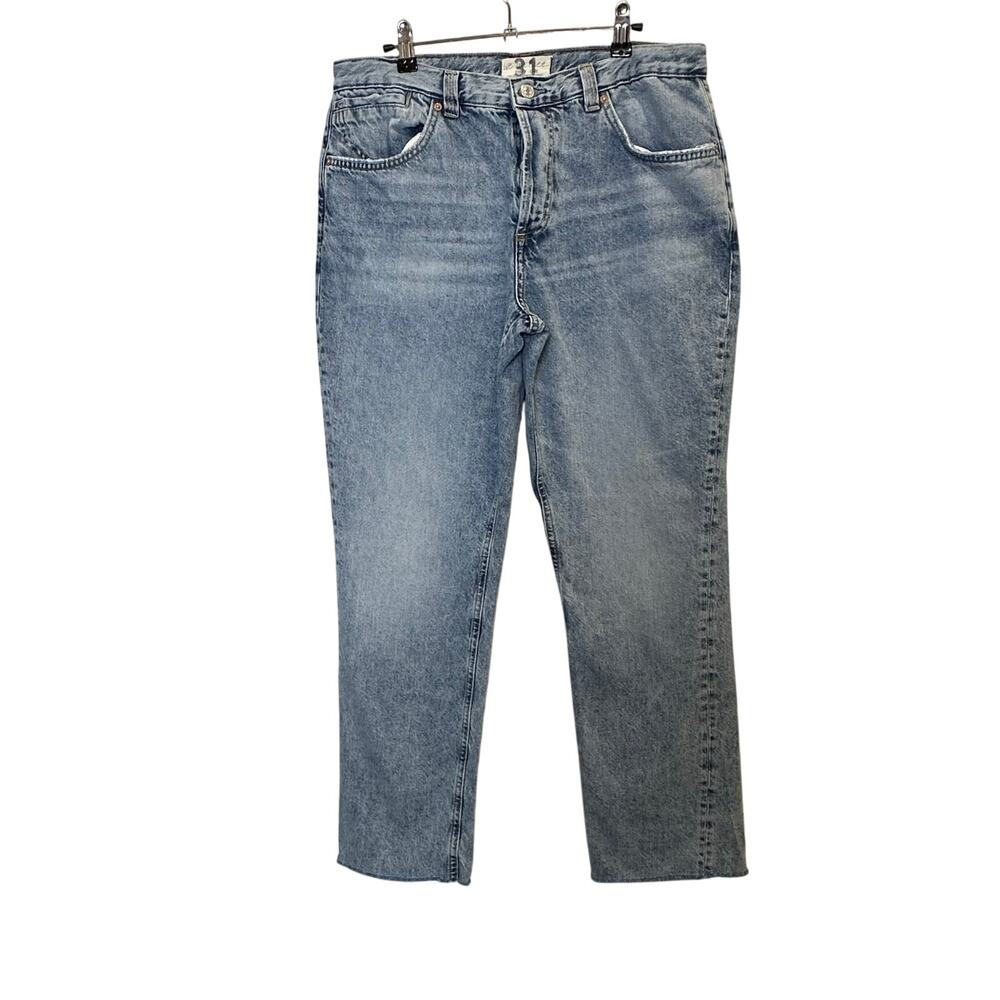 We The Free Jeans 31 Light Blue‎ Curvy High Rise Button Fly Raw Hem Boho Retro